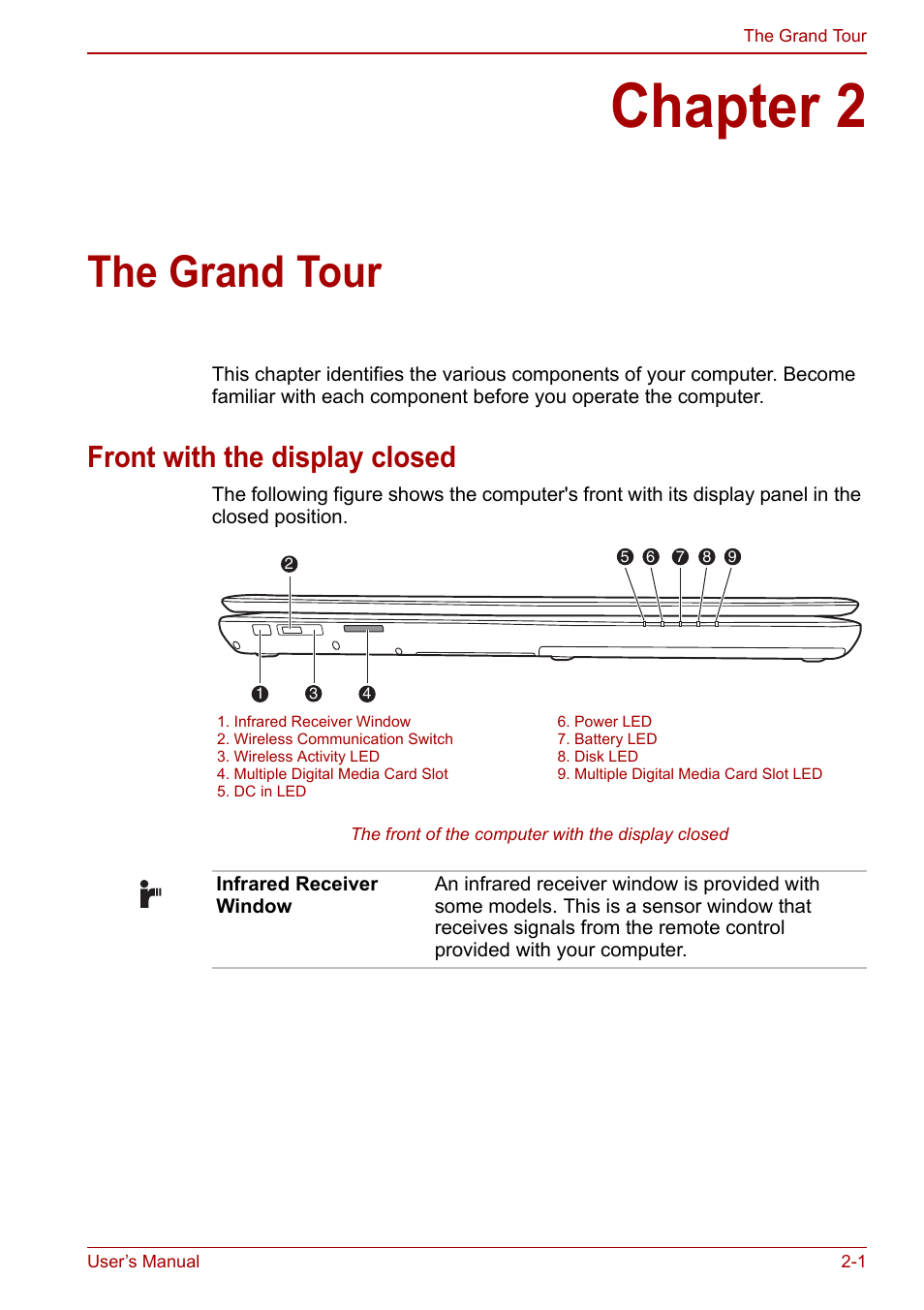 Chapter 2: the grand tour, Front with the display closed, Chapter 2 | The grand tour, Front with the display closed -1 | Toshiba Qosmio X500 User Manual | Page 40 / 204