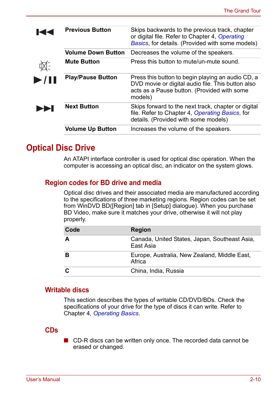 Optical disc drive, Optical disc drive -10, Region codes for bd drive and media | Writable discs | Toshiba Qosmio X500 User Manual | Page 49 / 204