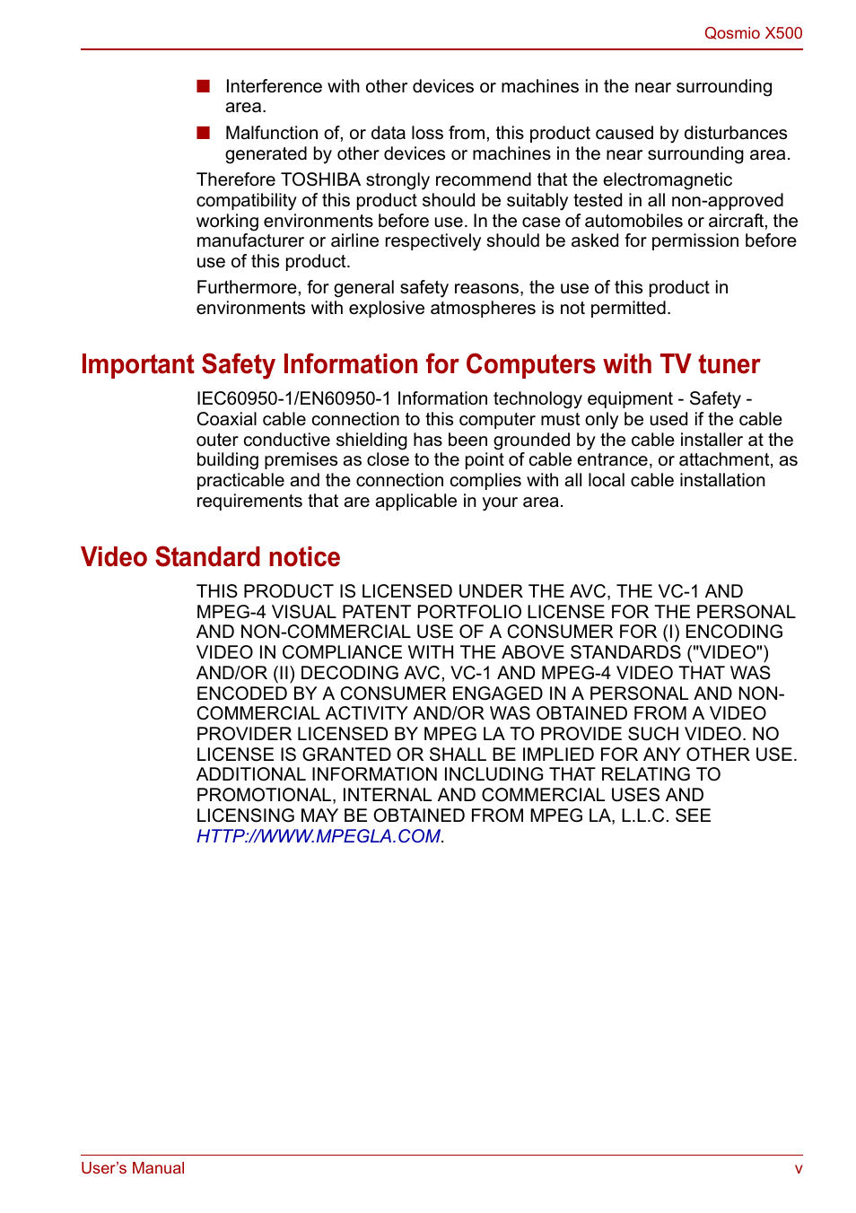 Video standard notice | Toshiba Qosmio X500 User Manual | Page 5 / 204