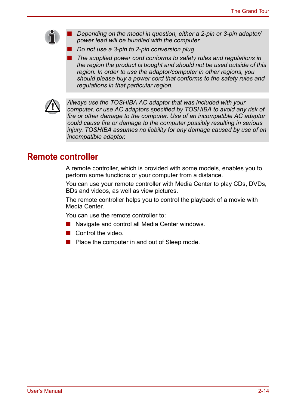 Remote controller, Remote controller -14 | Toshiba Qosmio X500 User Manual | Page 53 / 204