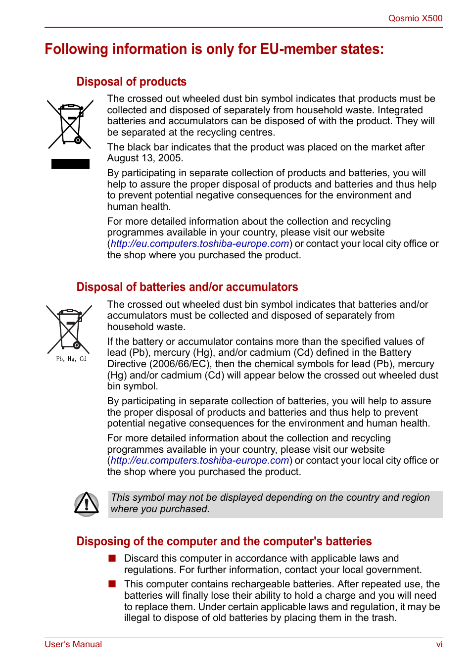 Following information is only for eu-member states | Toshiba Qosmio X500 User Manual | Page 6 / 204