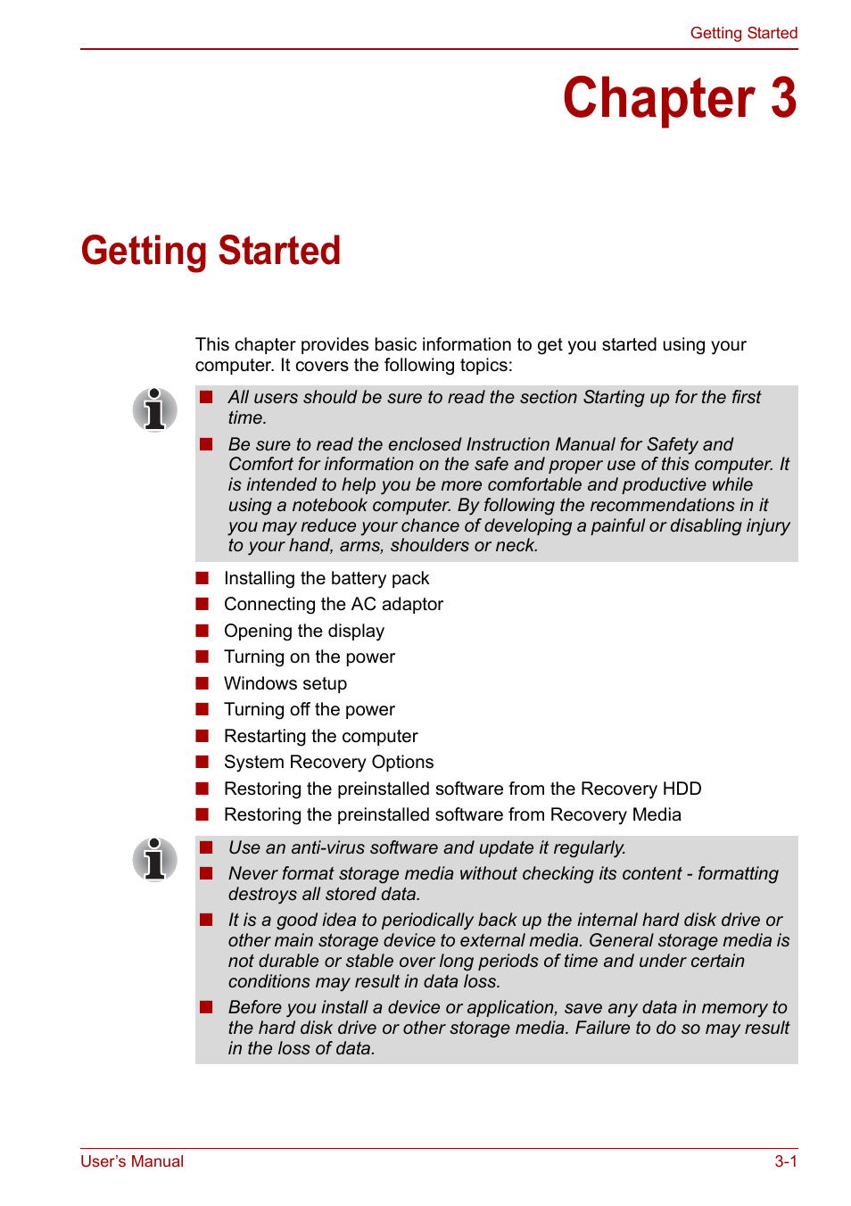 Chapter 3: getting started, Chapter 3, Getting started | Toshiba Qosmio X500 User Manual | Page 61 / 204