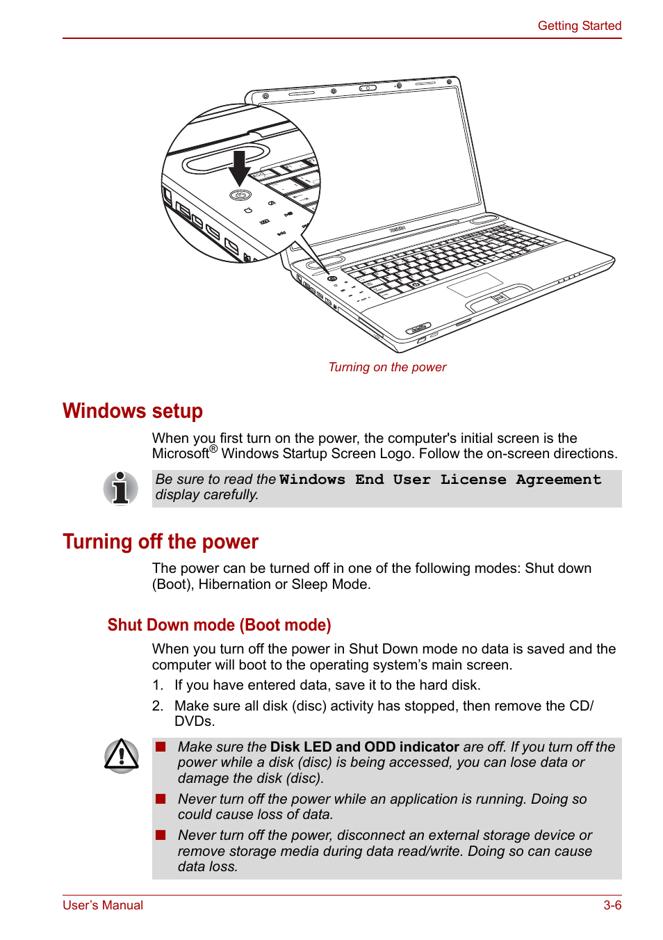 Windows setup, Turning off the power, Windows setup -6 turning off the power -6 | Shut down mode (boot mode), Windows end user license agreement | Toshiba Qosmio X500 User Manual | Page 66 / 204