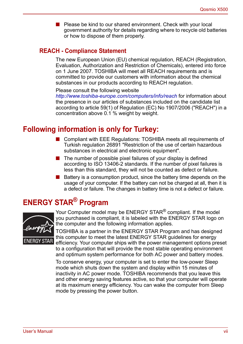 Following information is only for turkey, Energy star, Program | Toshiba Qosmio X500 User Manual | Page 7 / 204