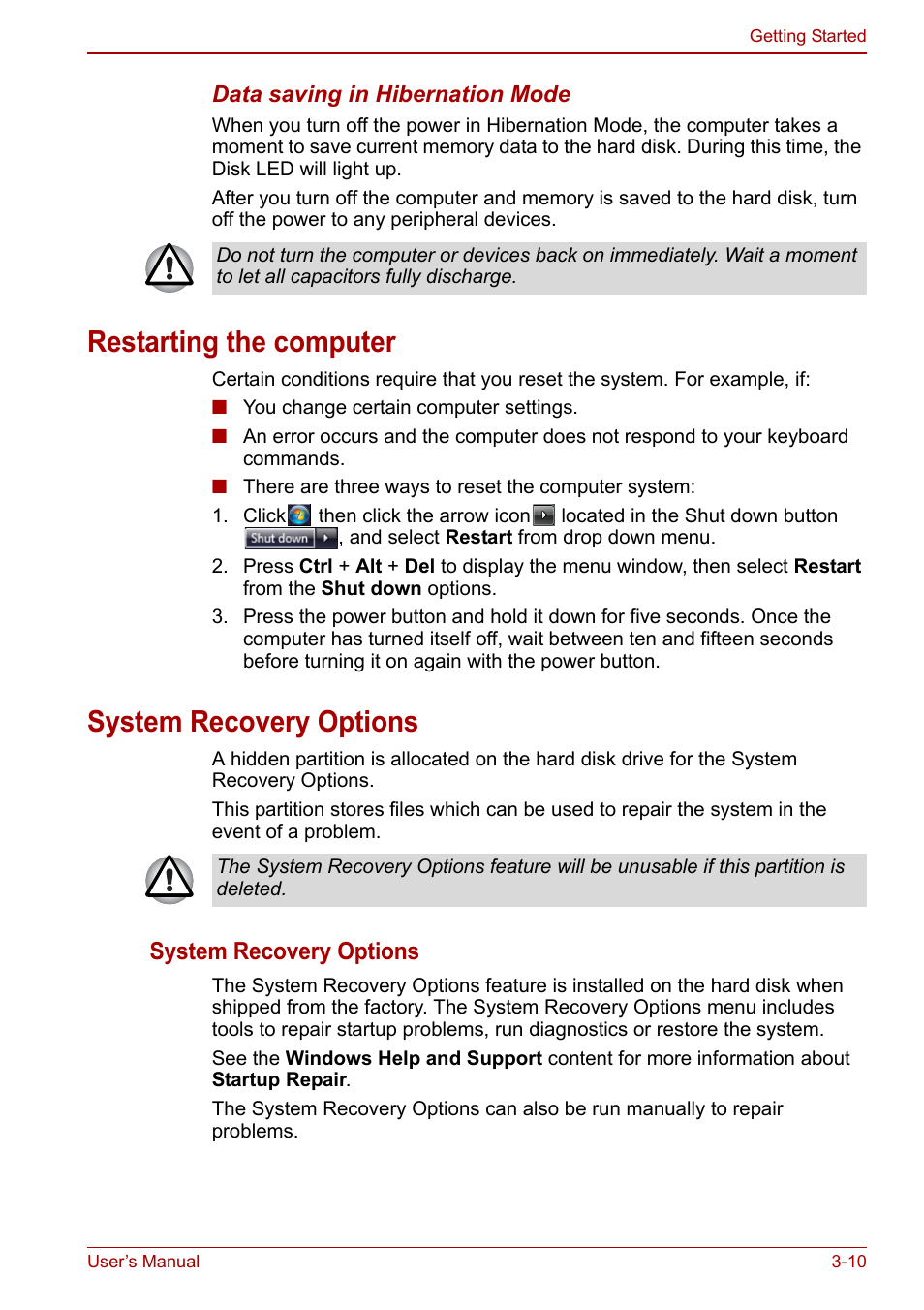 Restarting the computer, System recovery options | Toshiba Qosmio X500 User Manual | Page 70 / 204