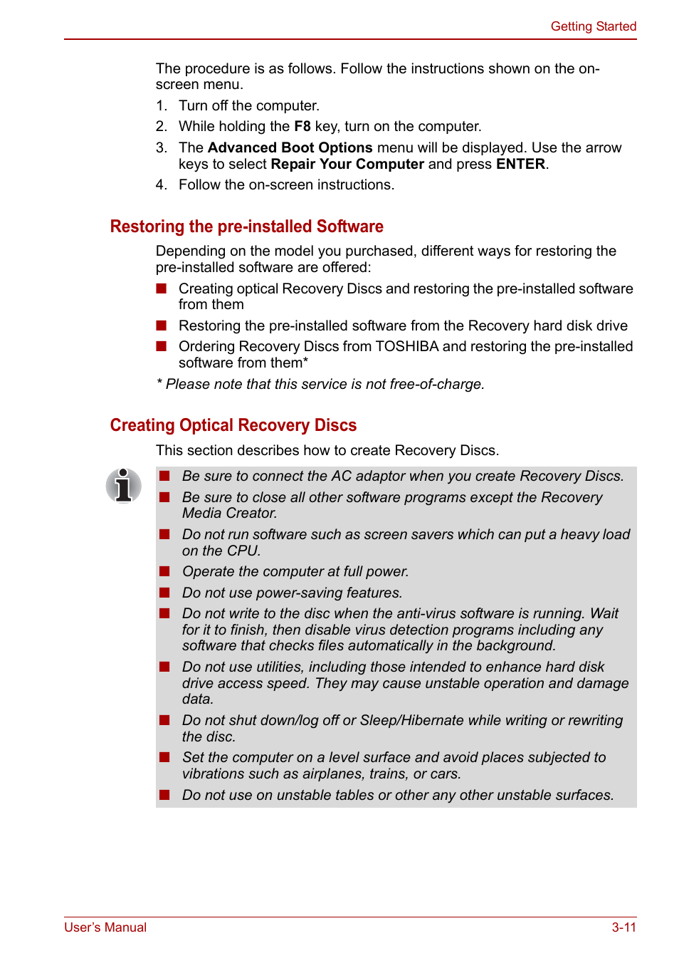 Restoring the pre-installed software, Creating optical recovery discs | Toshiba Qosmio X500 User Manual | Page 71 / 204