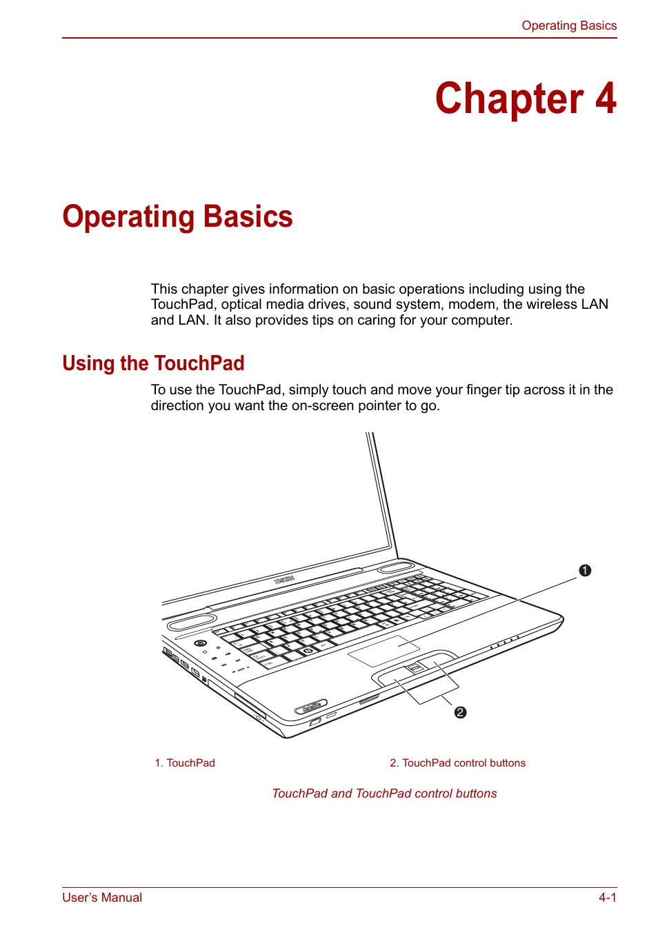 Chapter 4: operating basics, Using the touchpad, Chapter 4 | Operating basics, Using the touchpad -1, Section in, Operating, Basics | Toshiba Qosmio X500 User Manual | Page 75 / 204