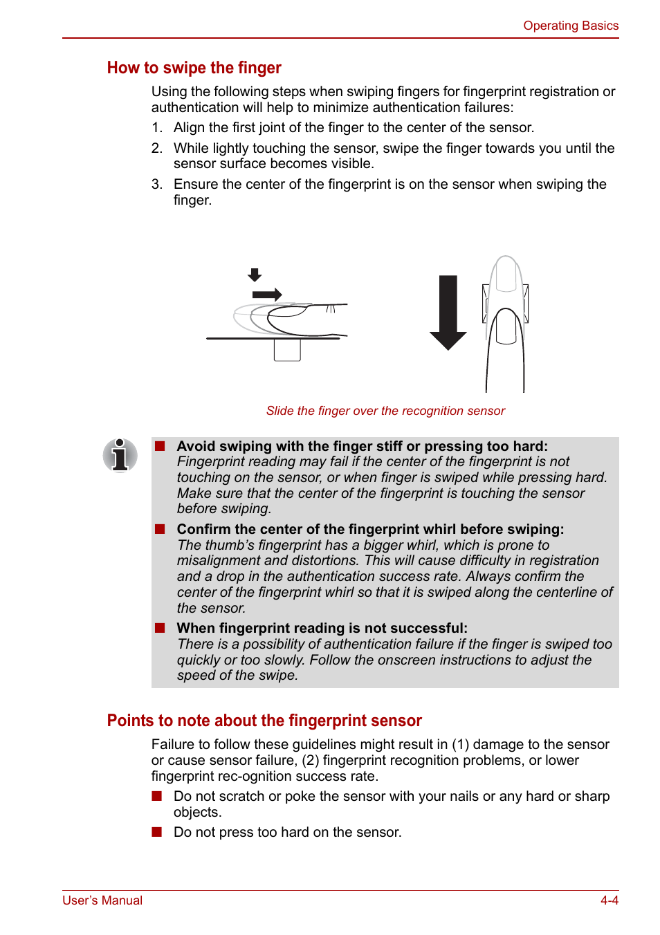 How to swipe the finger | Toshiba Qosmio X500 User Manual | Page 78 / 204