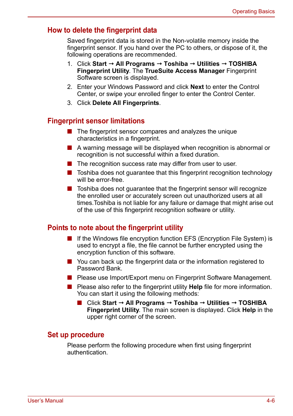 How to delete the fingerprint data, Fingerprint sensor limitations, Set up procedure | Toshiba Qosmio X500 User Manual | Page 80 / 204