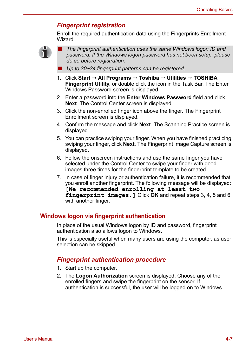 Windows logon via fingerprint authentication | Toshiba Qosmio X500 User Manual | Page 81 / 204