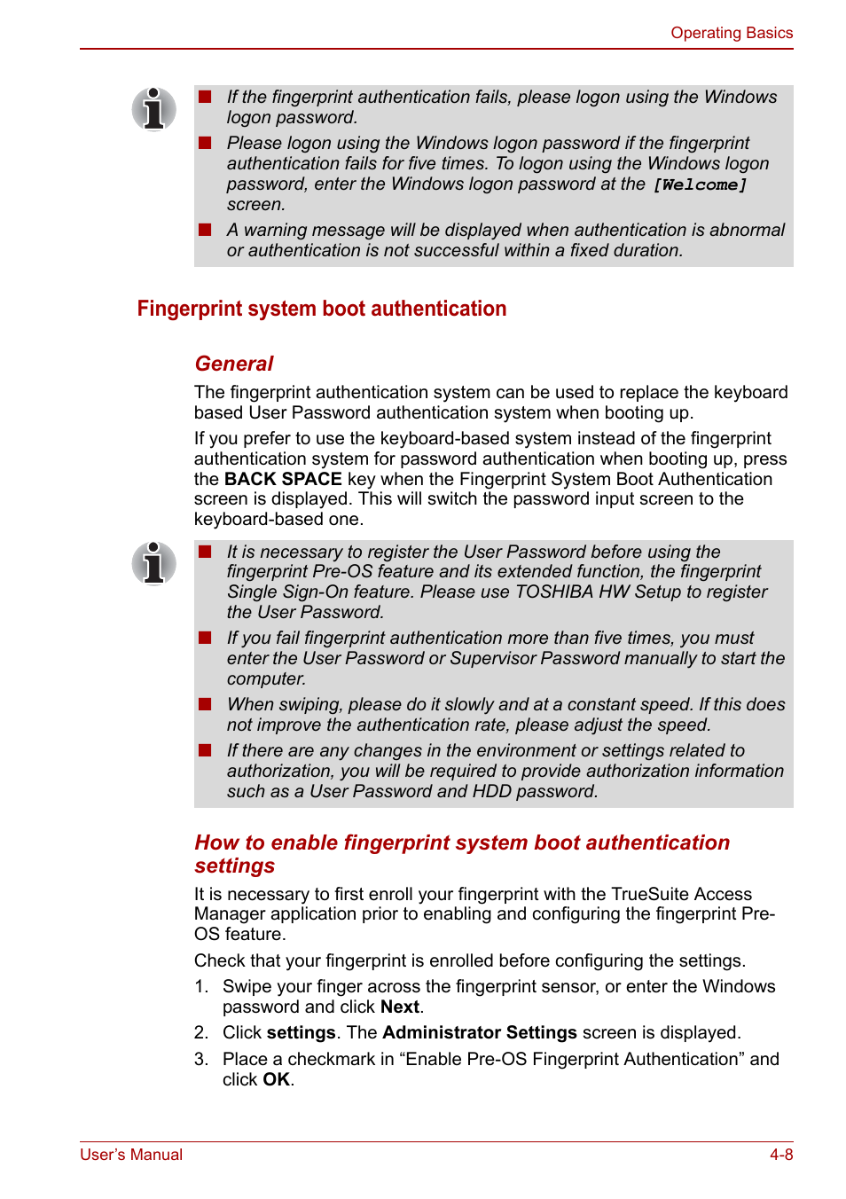 Fingerprint system boot authentication | Toshiba Qosmio X500 User Manual | Page 82 / 204