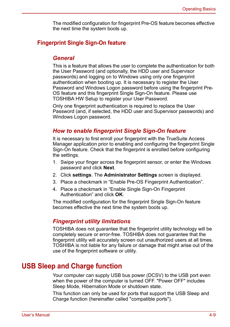 Usb sleep and charge function, Fingerprint single sign-on feature | Toshiba Qosmio X500 User Manual | Page 83 / 204