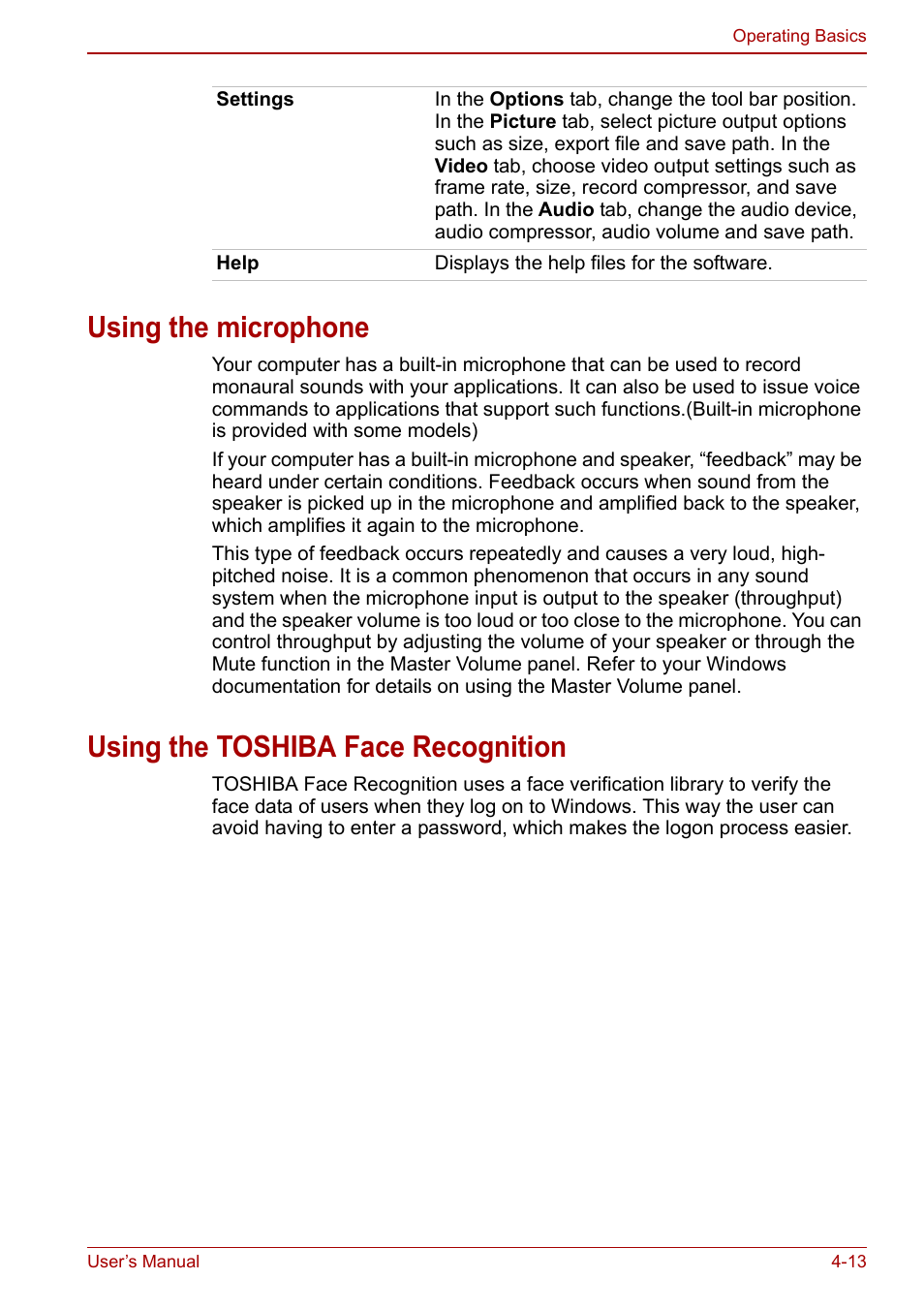 Using the microphone, Using the toshiba face recognition | Toshiba Qosmio X500 User Manual | Page 87 / 204