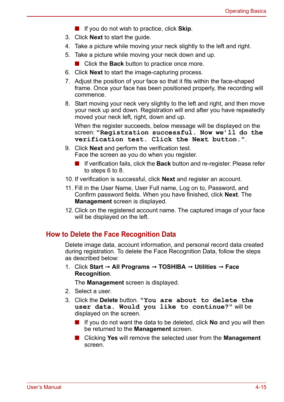 How to delete the face recognition data | Toshiba Qosmio X500 User Manual | Page 89 / 204