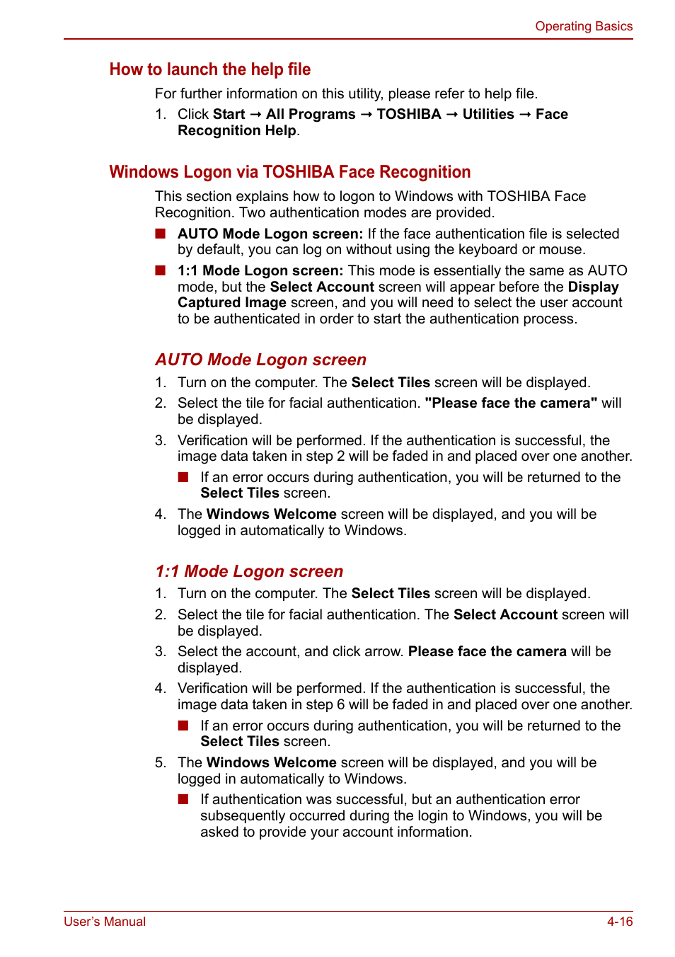 How to launch the help file, Windows logon via toshiba face recognition | Toshiba Qosmio X500 User Manual | Page 90 / 204