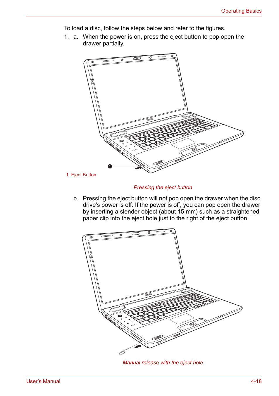User’s manual 4-18 operating basics, Pressing the eject button, Manual release with the eject hole | Toshiba Qosmio X500 User Manual | Page 92 / 204