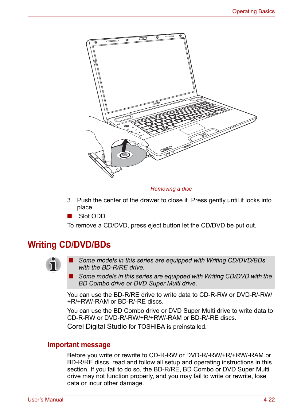 Writing cd/dvd/bds, Writing cd/dvd/bds -22, Writing cd/dvd | Important message, Corel digital studio | Toshiba Qosmio X500 User Manual | Page 96 / 204