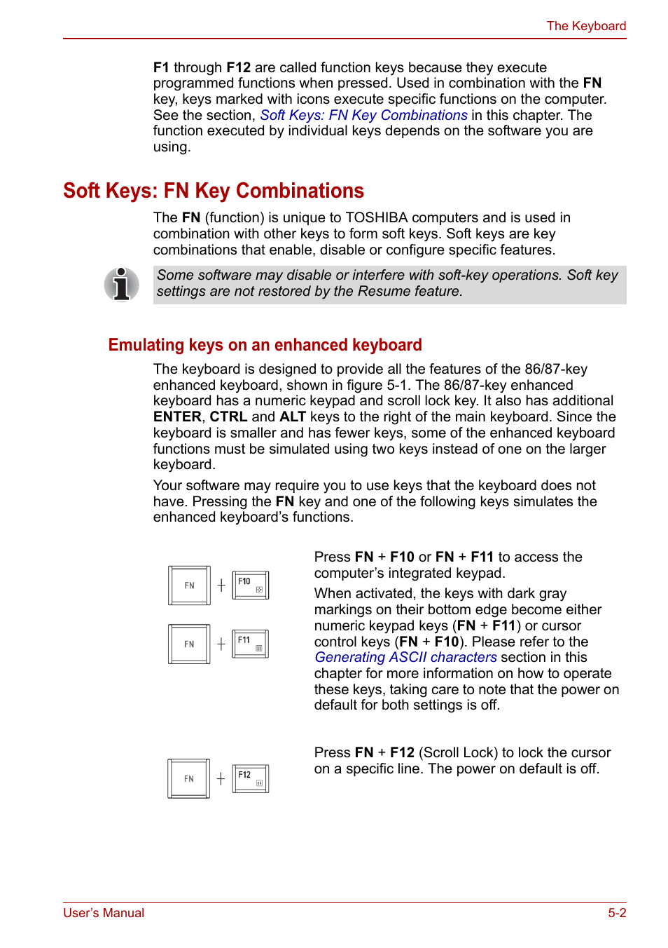 Soft keys: fn key combinations, Soft keys: fn key combinations -2, Emulating keys on an enhanced keyboard | Toshiba Satellite C640 User Manual | Page 100 / 169