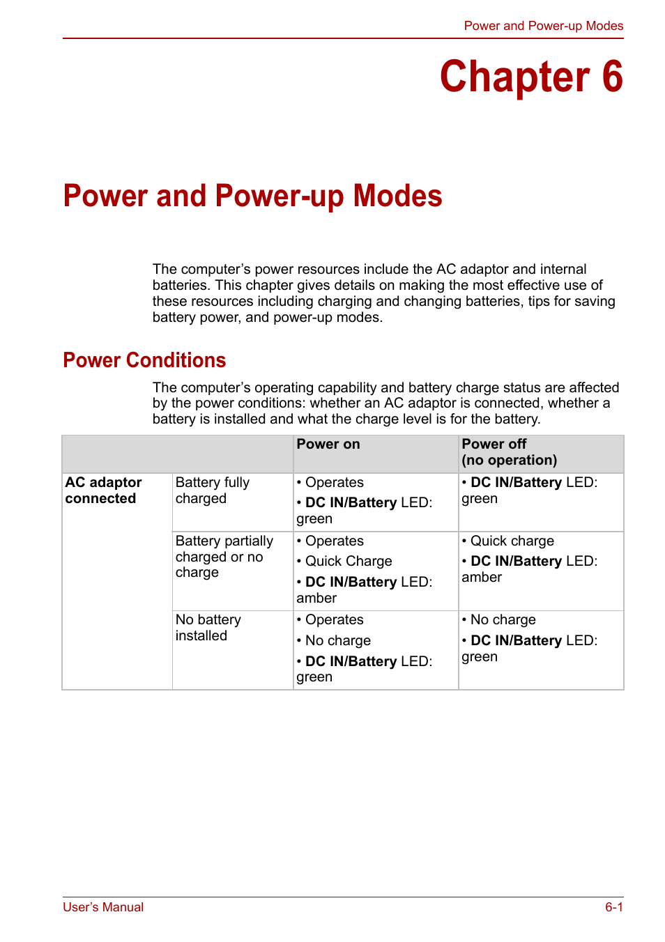 Chapter 6: power and power-up modes, Power conditions, Chapter 6 | Power and power-up modes, Power conditions -1 | Toshiba Satellite C640 User Manual | Page 106 / 169