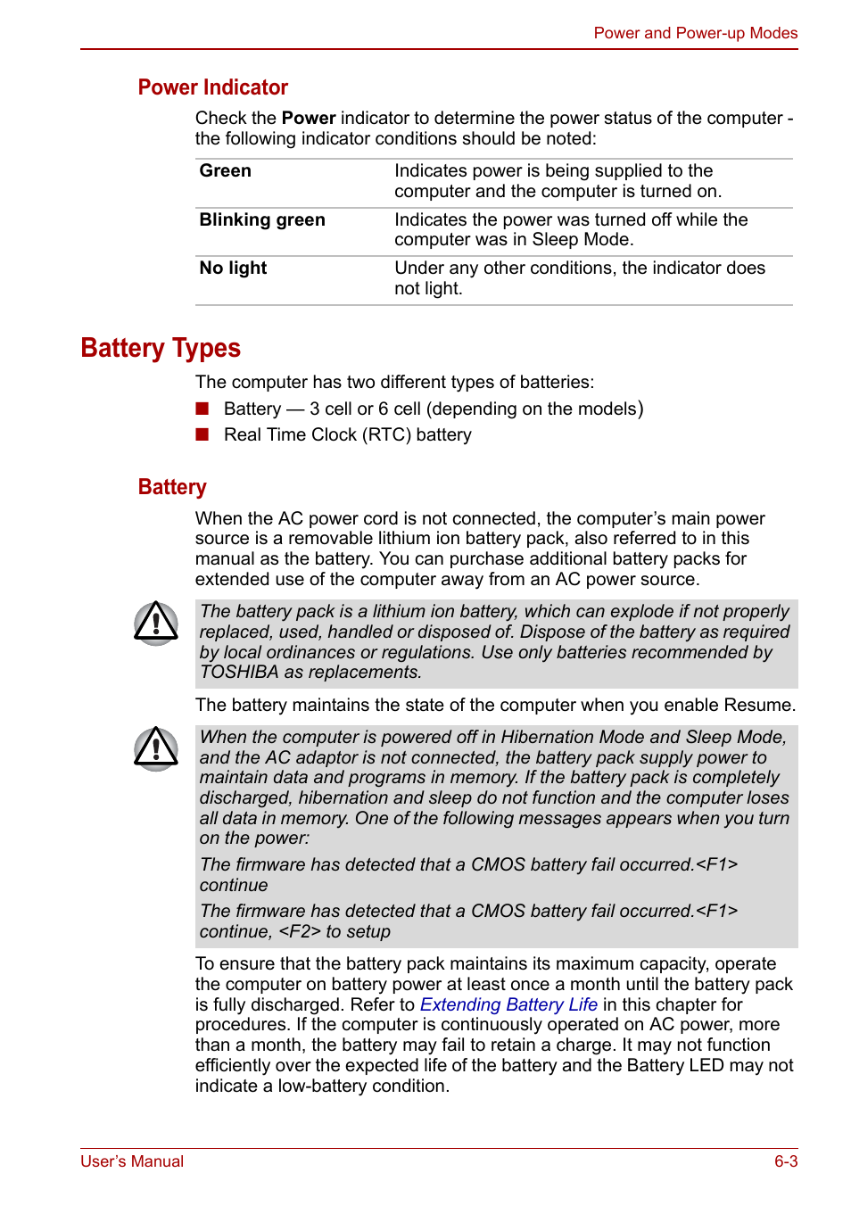 Battery types, Battery types -3, Power indicator | Battery | Toshiba Satellite C640 User Manual | Page 108 / 169