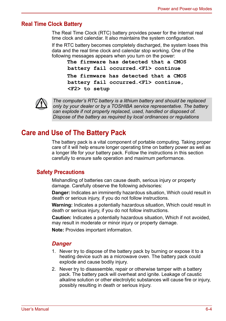 Real time clock battery, Care and use of the battery pack | Toshiba Satellite C640 User Manual | Page 109 / 169