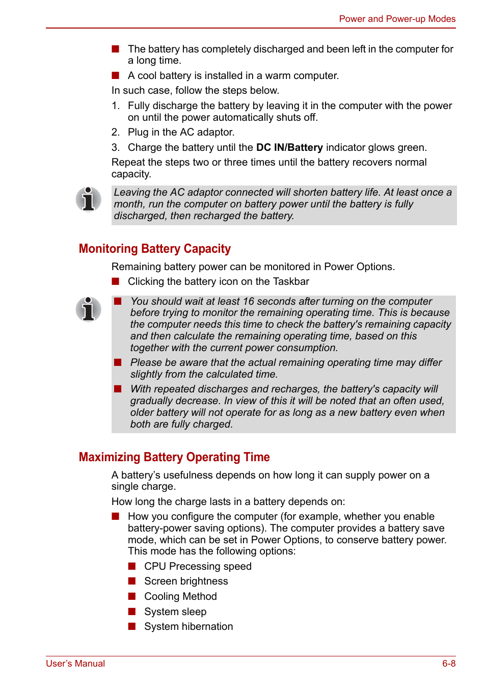 Monitoring battery capacity, Maximizing battery operating time | Toshiba Satellite C640 User Manual | Page 113 / 169