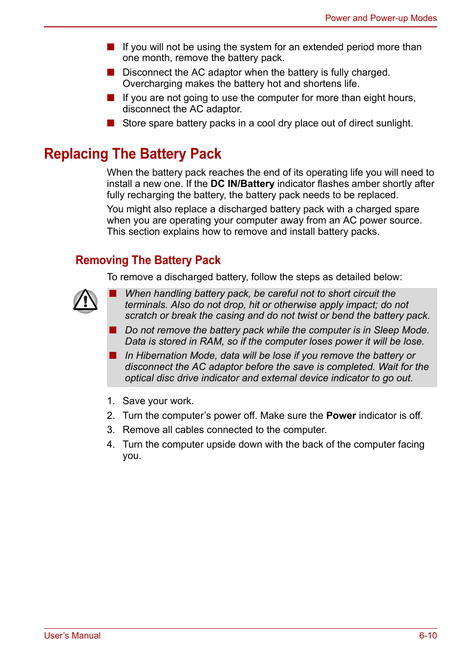 Replacing the battery pack, Replacing the battery pack -10, Removing the battery pack | Toshiba Satellite C640 User Manual | Page 115 / 169