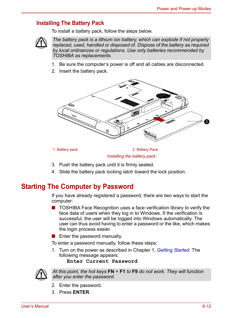 Starting the computer by password, Starting the computer by password -12, Installing the battery pack | Toshiba Satellite C640 User Manual | Page 117 / 169