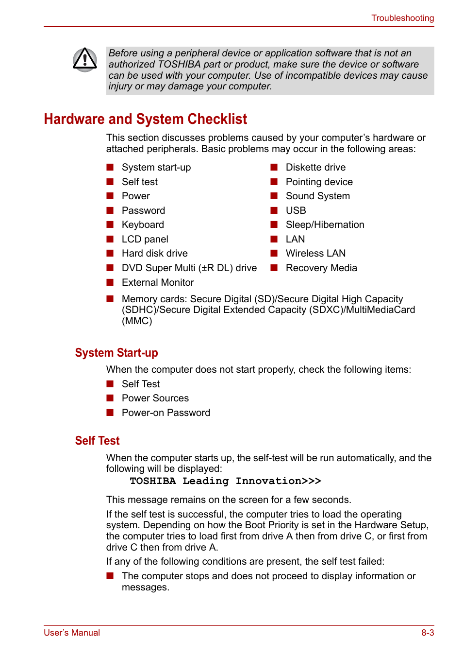 Hardware and system checklist, Hardware and system checklist -3, System start-up | Self test | Toshiba Satellite C640 User Manual | Page 126 / 169