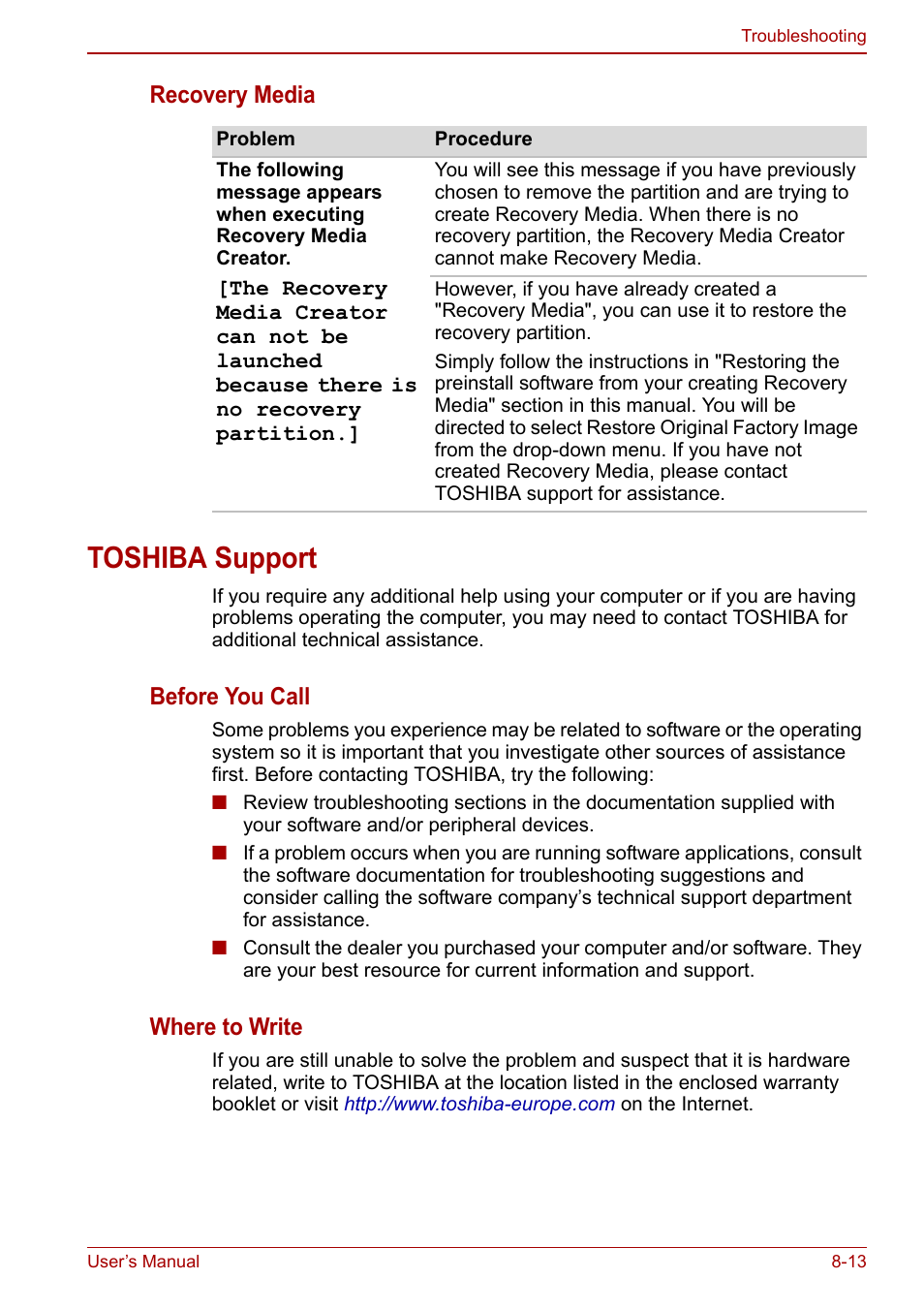 Toshiba support, Toshiba support -13, Recovery media | Before you call, Where to write | Toshiba Satellite C640 User Manual | Page 136 / 169