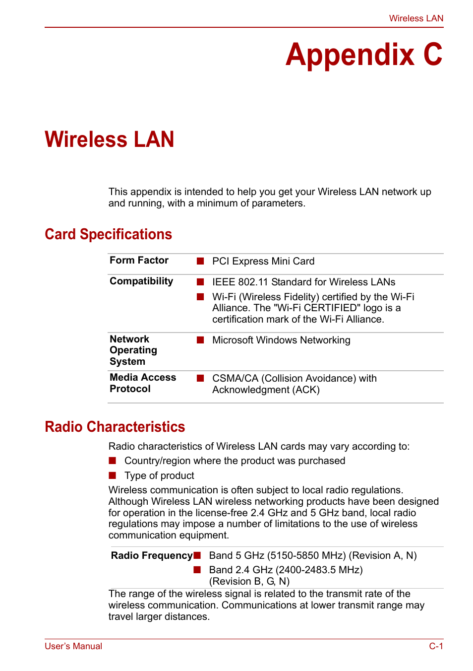 Appendix c: wireless lan, Appendix c, Wireless lan | Card specifications radio characteristics | Toshiba Satellite C640 User Manual | Page 139 / 169