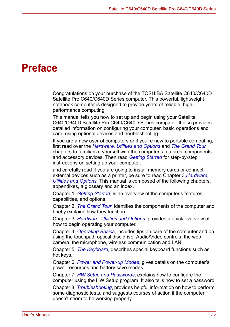 Preface | Toshiba Satellite C640 User Manual | Page 14 / 169