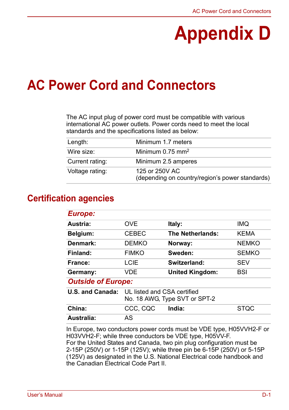 Appendix d: ac power cord and connectors, Appendix d, Ac power cord and connectors | Certification agencies | Toshiba Satellite C640 User Manual | Page 143 / 169