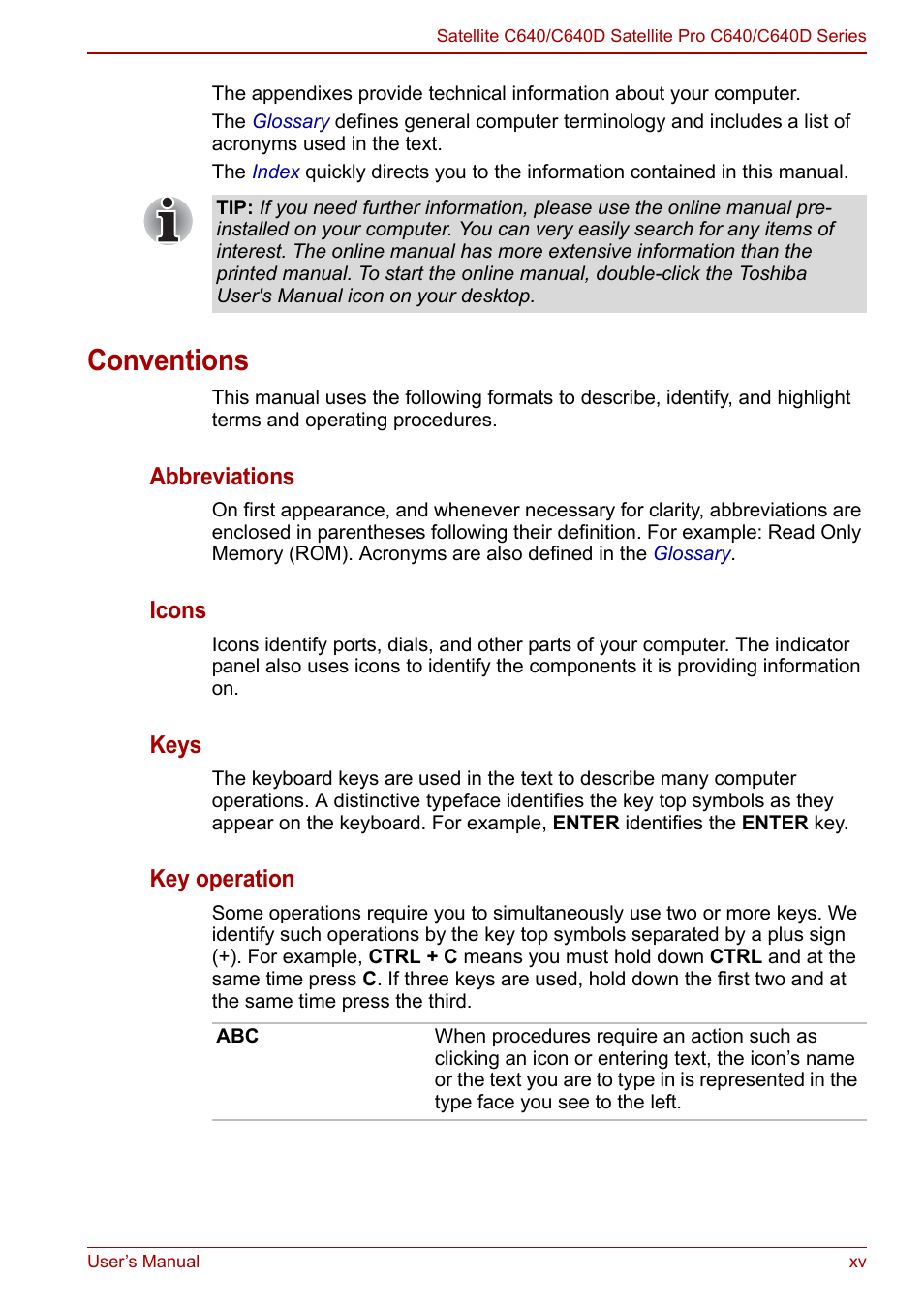 Conventions, Abbreviations, Icons | Keys, Key operation | Toshiba Satellite C640 User Manual | Page 15 / 169