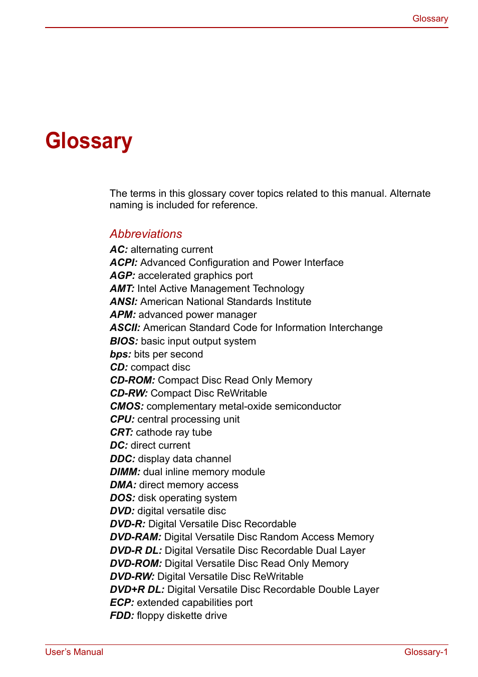 Glossary | Toshiba Satellite C640 User Manual | Page 151 / 169