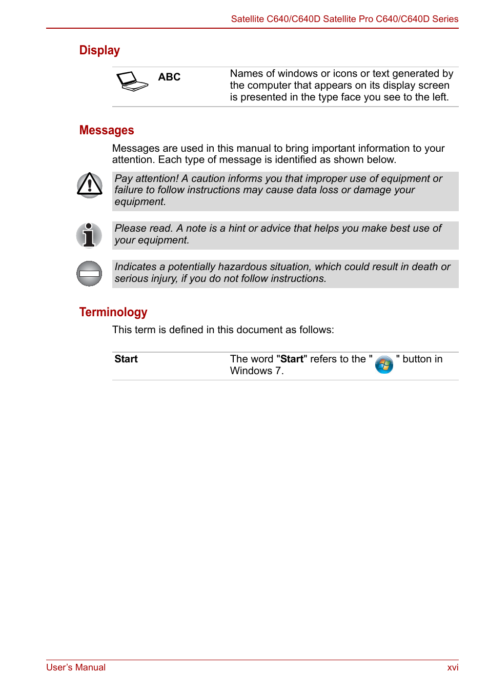 Display messages, Terminology | Toshiba Satellite C640 User Manual | Page 16 / 169