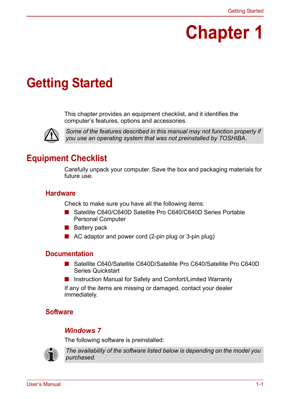 Chapter 1: getting started, Equipment checklist, Chapter 1 | Getting started, Equipment checklist -1, For s | Toshiba Satellite C640 User Manual | Page 20 / 169