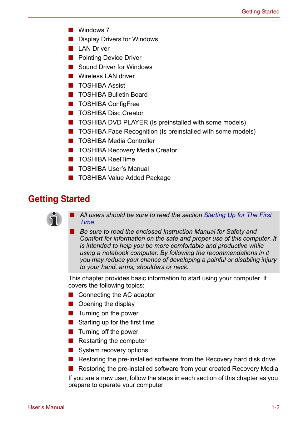 Getting started, Getting started -2 | Toshiba Satellite C640 User Manual | Page 21 / 169