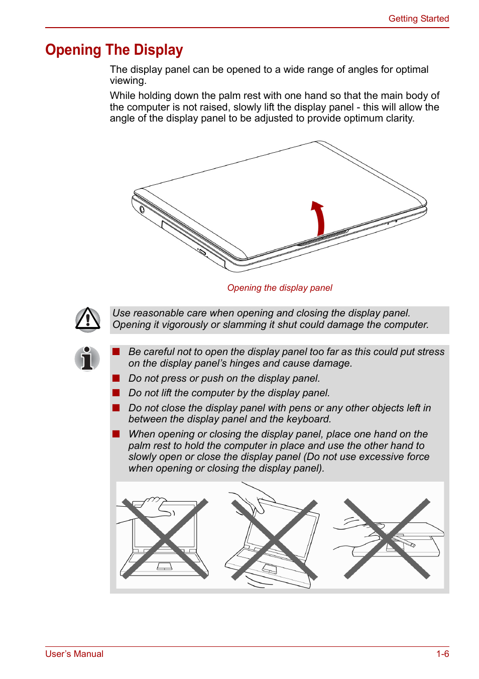 Opening the display, Opening the display -6 | Toshiba Satellite C640 User Manual | Page 25 / 169