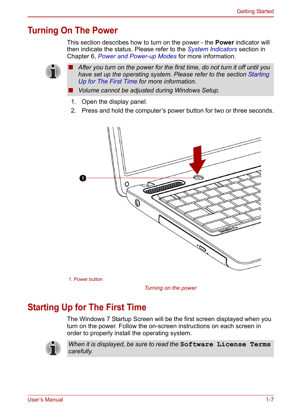 Turning on the power, Starting up for the first time, Starting up for the first | Time | Toshiba Satellite C640 User Manual | Page 26 / 169
