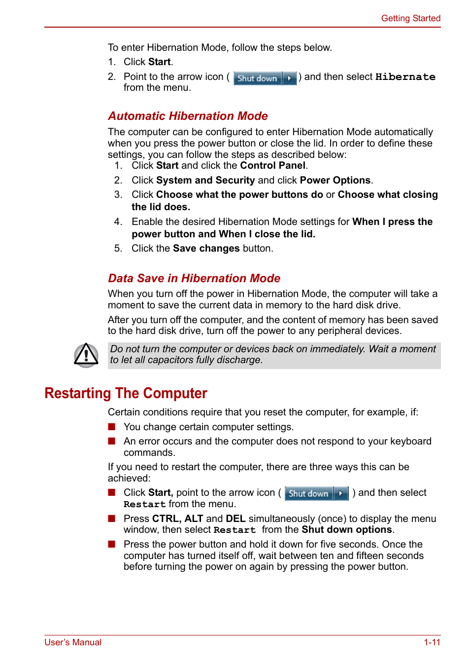 Restarting the computer, Restarting the computer -11 | Toshiba Satellite C640 User Manual | Page 30 / 169