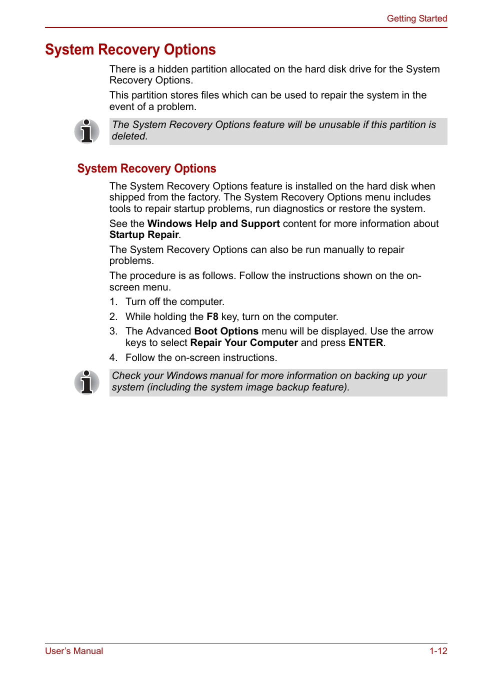 System recovery options, System recovery options -12 | Toshiba Satellite C640 User Manual | Page 31 / 169
