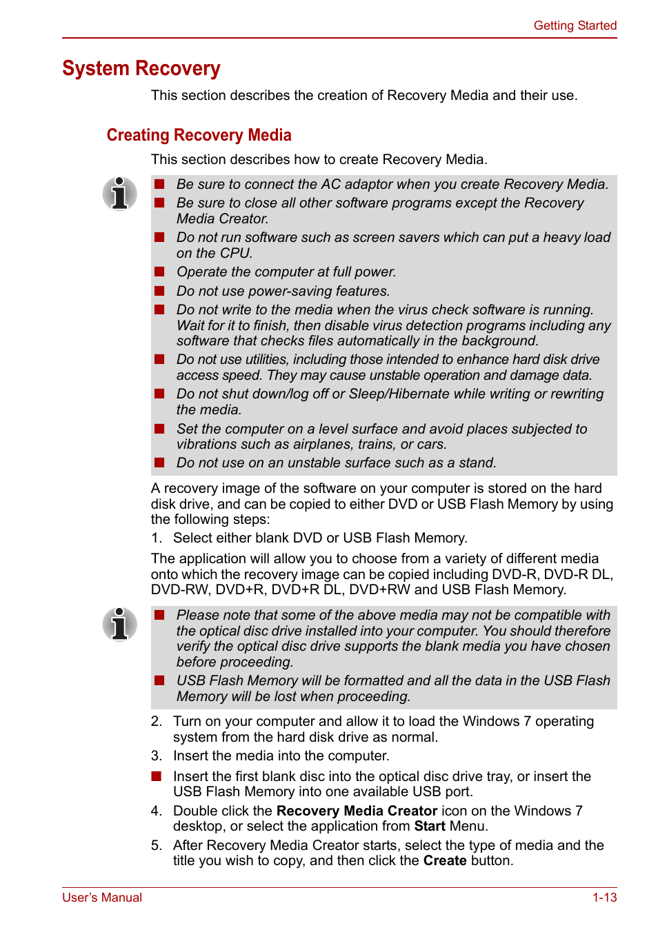 System recovery, System recovery -13, Creating recovery media | Toshiba Satellite C640 User Manual | Page 32 / 169