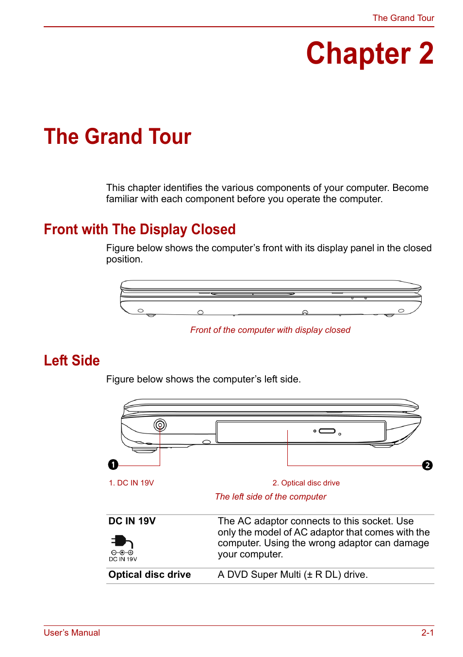 Chapter 2: the grand tour, Front with the display closed, Left side | Chapter 2, The grand tour, Front with the display closed -1 left side -1 | Toshiba Satellite C640 User Manual | Page 35 / 169