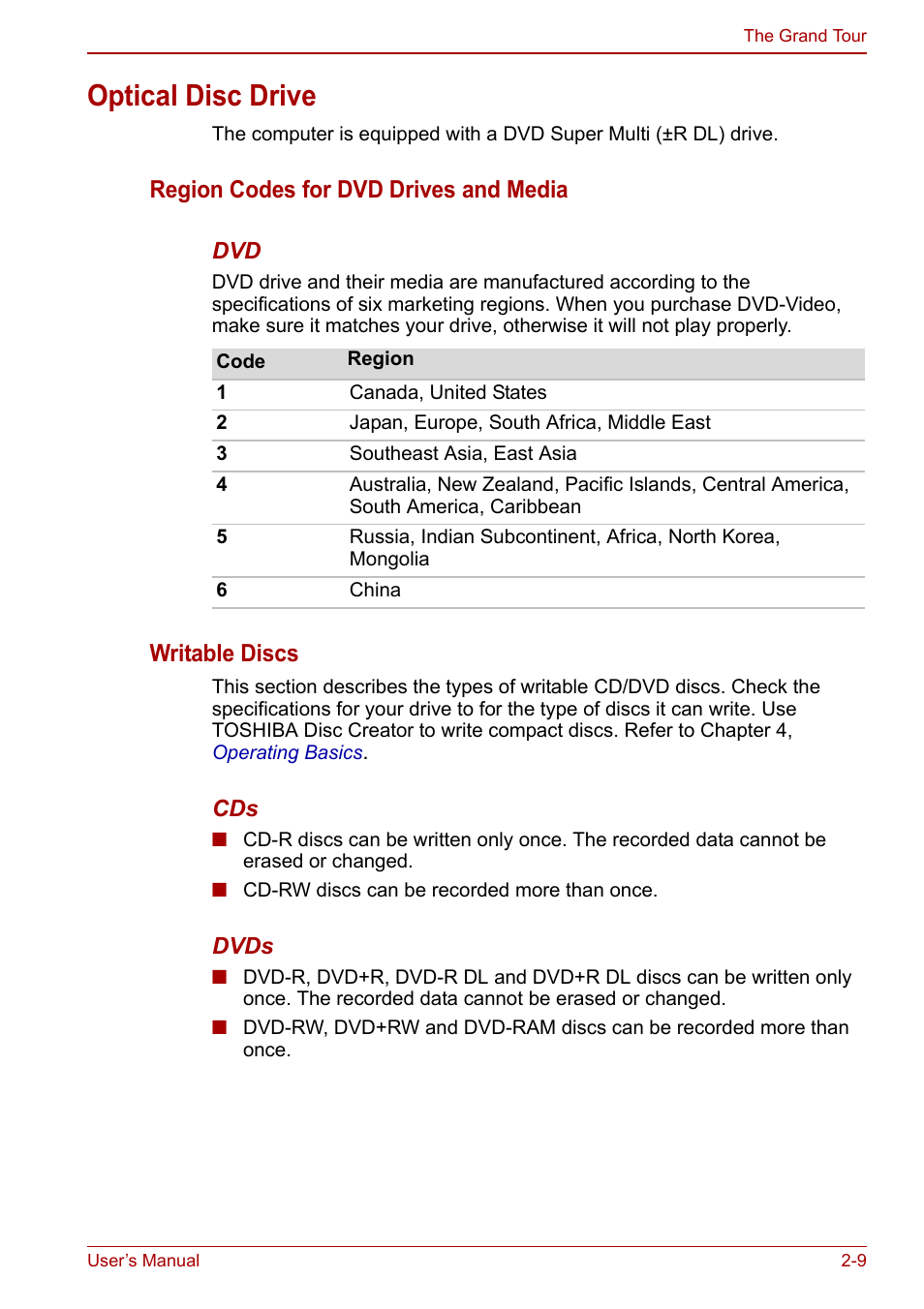 Optical disc drive, Optical disc drive -9, Region codes for dvd drives and media | Writable discs | Toshiba Satellite C640 User Manual | Page 43 / 169