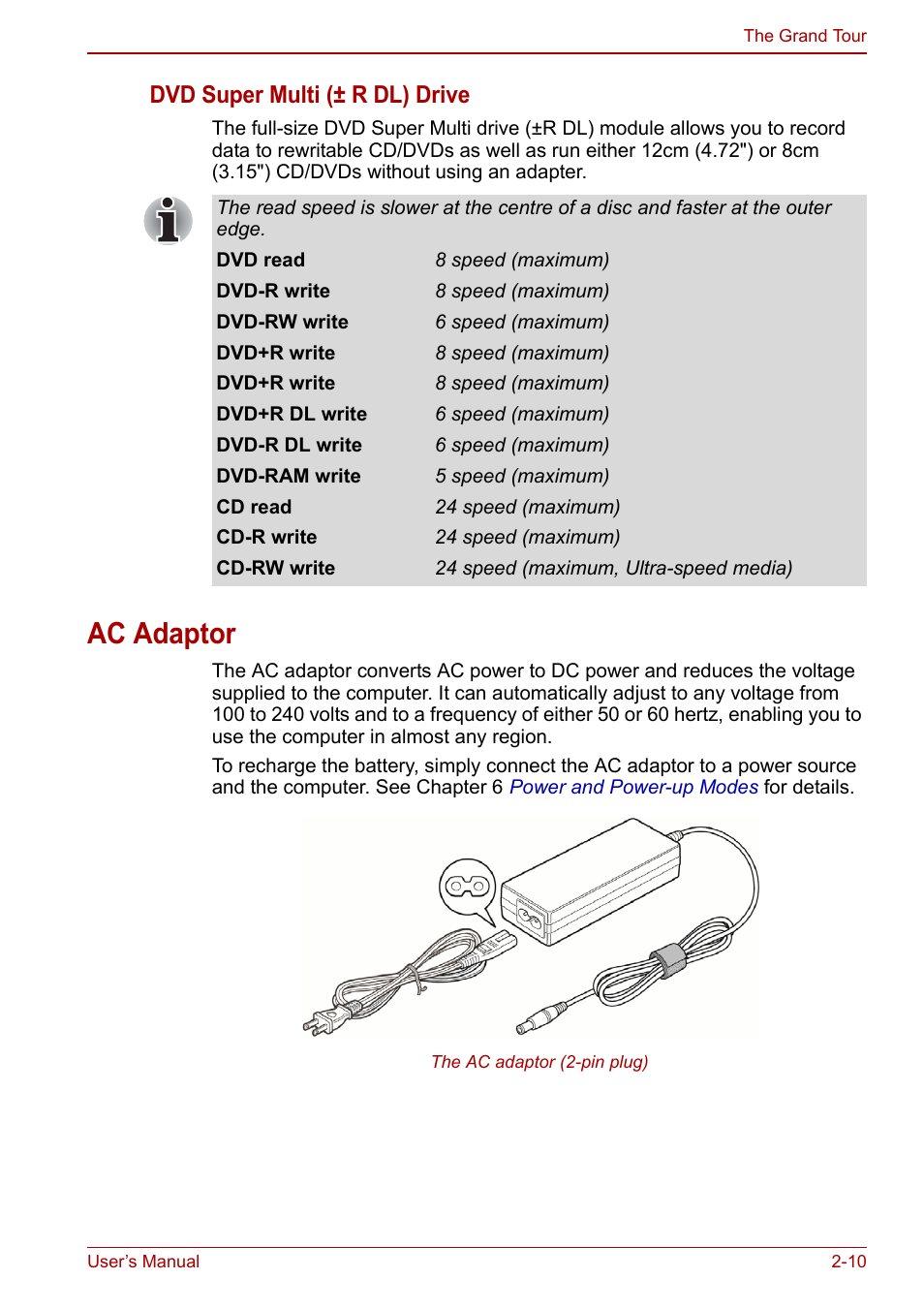 Ac adaptor, Ac adaptor -10, Dvd super multi (± r dl) drive | Toshiba Satellite C640 User Manual | Page 44 / 169