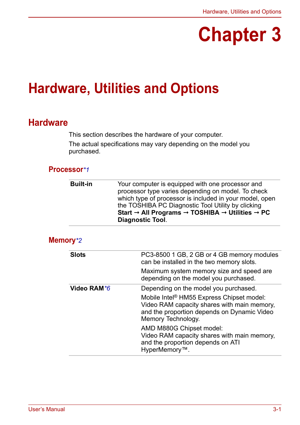 Chapter 3: hardware, utilities and options, Hardware, Chapter 3 | Hardware, utilities and options, Hardware -1, Utilities and options | Toshiba Satellite C640 User Manual | Page 46 / 169