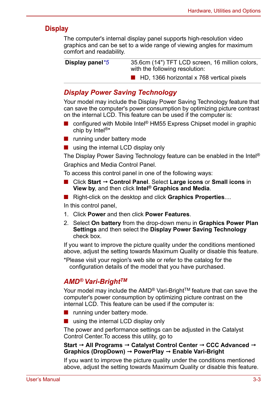 Display, Display power saving technology, Vari-bright | Toshiba Satellite C640 User Manual | Page 48 / 169