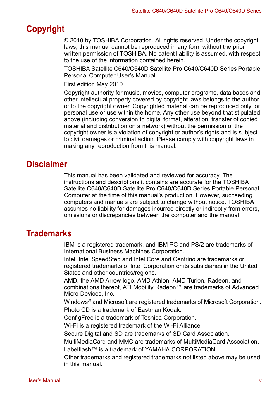 Copyright, Disclaimer, Trademarks | Toshiba Satellite C640 User Manual | Page 5 / 169