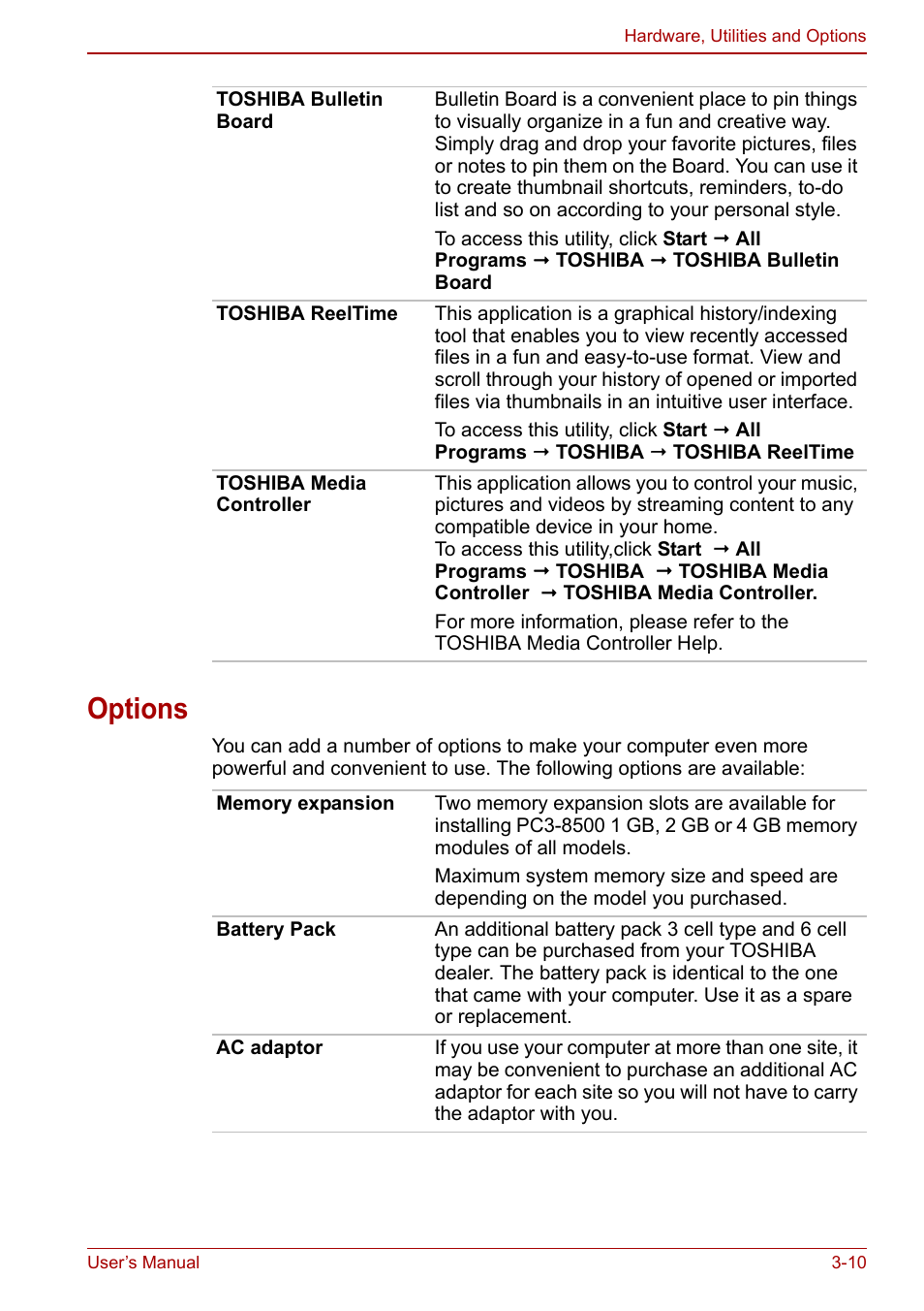 Options, Options -10 | Toshiba Satellite C640 User Manual | Page 55 / 169